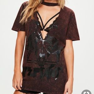 Miss guided graphic cut out washed choker t shirt